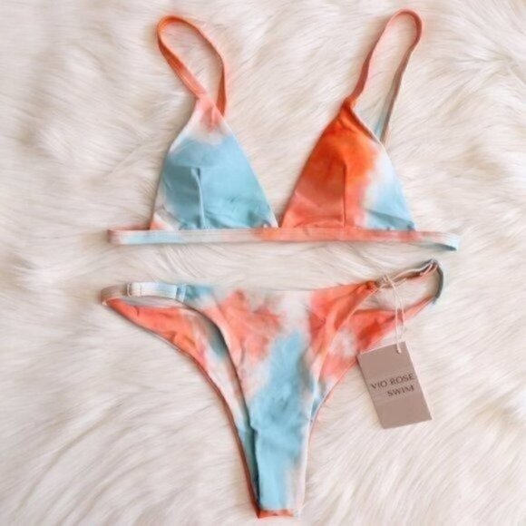 NWT Sexy Bikini Set Size Large Tie Dye Print White Blue Red Orange Bathing Suit - Picture 2 of 8